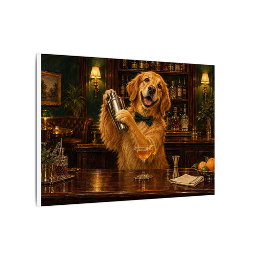 The Golden Hour Bartender Canvas Art, Funny Golden Retriever Cocktail Lounge Decor, Vintage Speakeasy Home Bar Matte Canvas Print