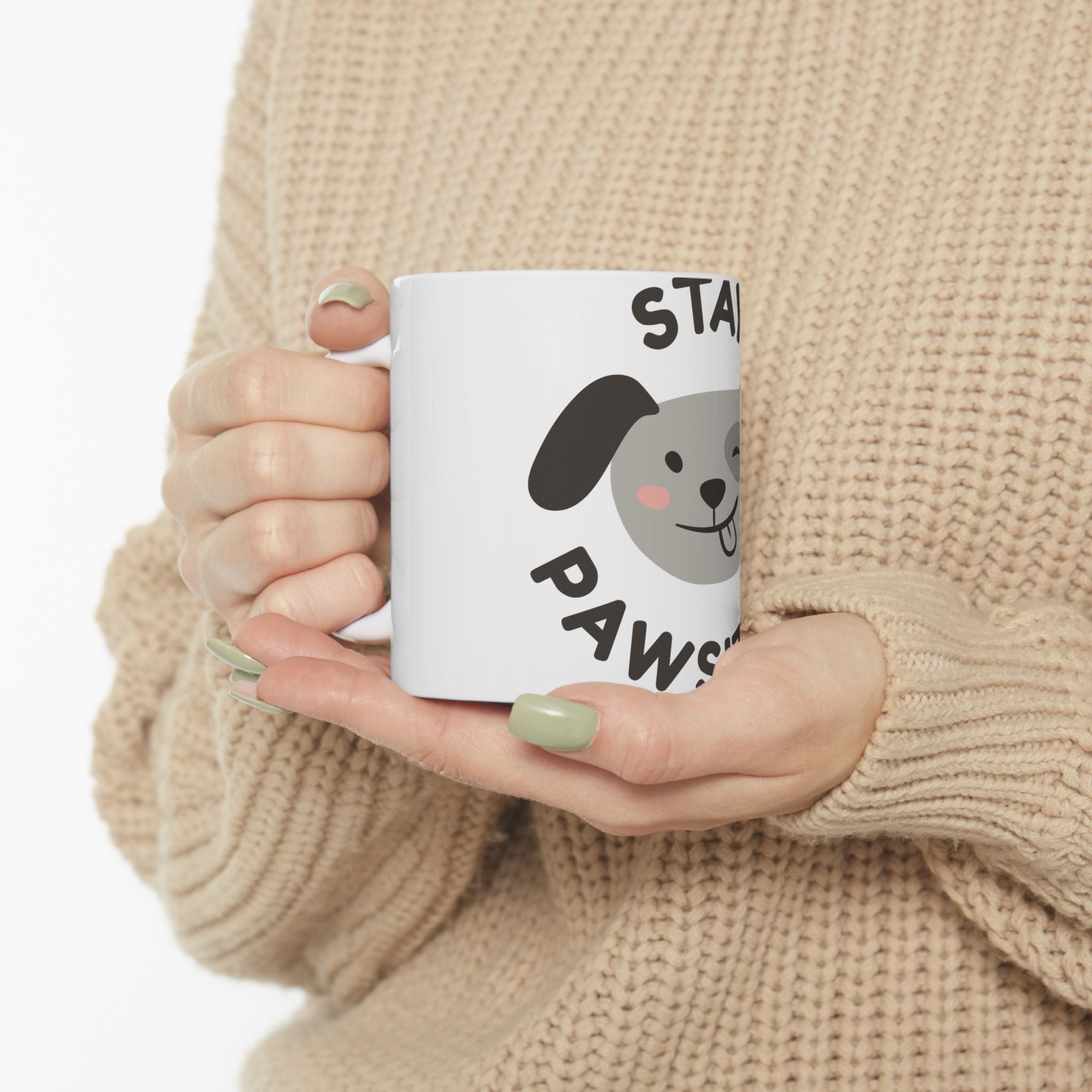 Stay Pawsitive Dog Mug — Cute Winking Puppy Ceramic Coffee Cup (11oz, 15oz)
