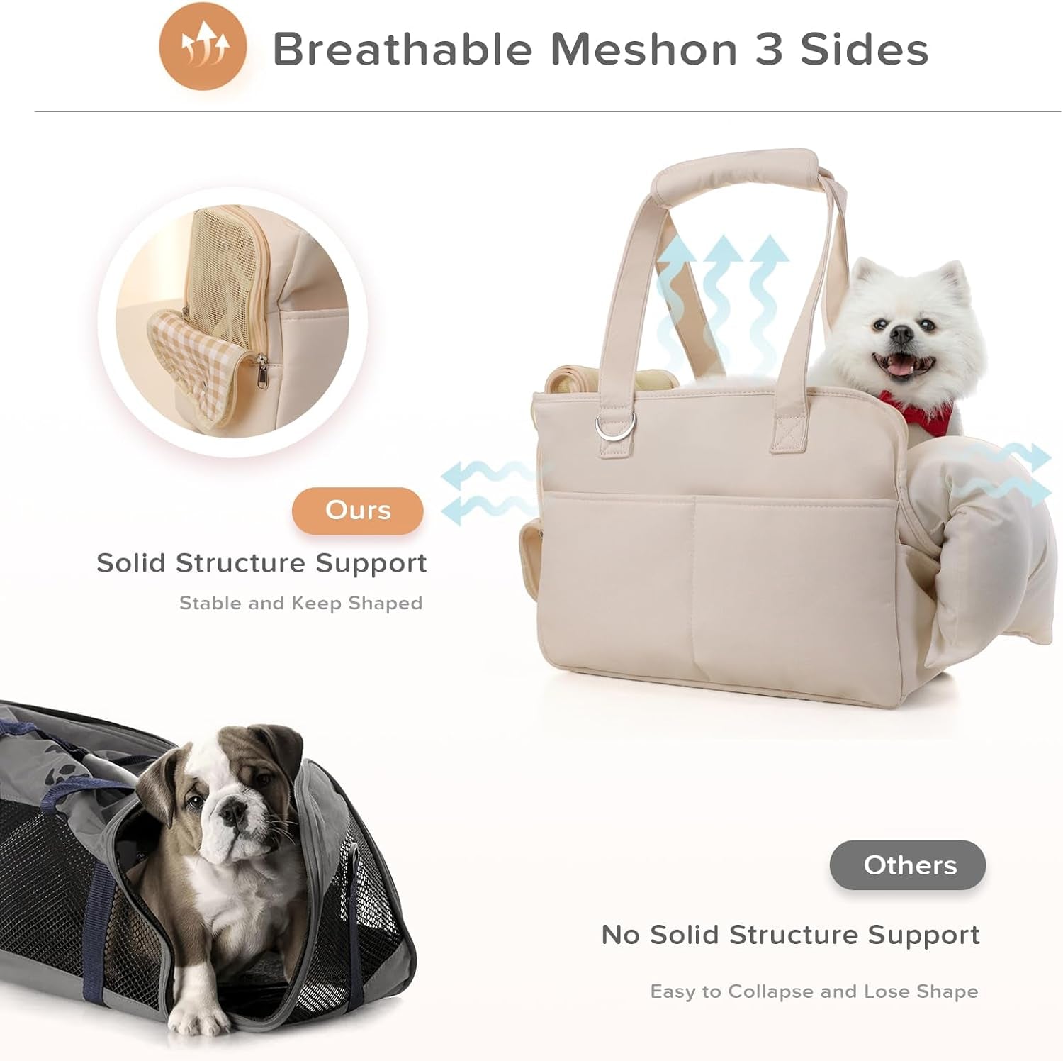 Dog Purse Carrier for Small Dogs & Puppies, Soft Cotton Sided Folding Dog Carriers for Small Dogs Medium Cats up to 15 Lbs, Washable Breathable Puppy Carrier for Outdoor Travel (Large Beige)