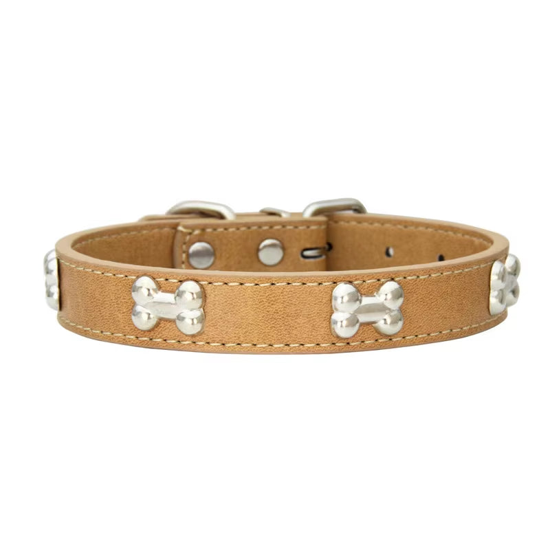 Bone Charm Leather Dog Collar – Cute Adjustable Pet Collar