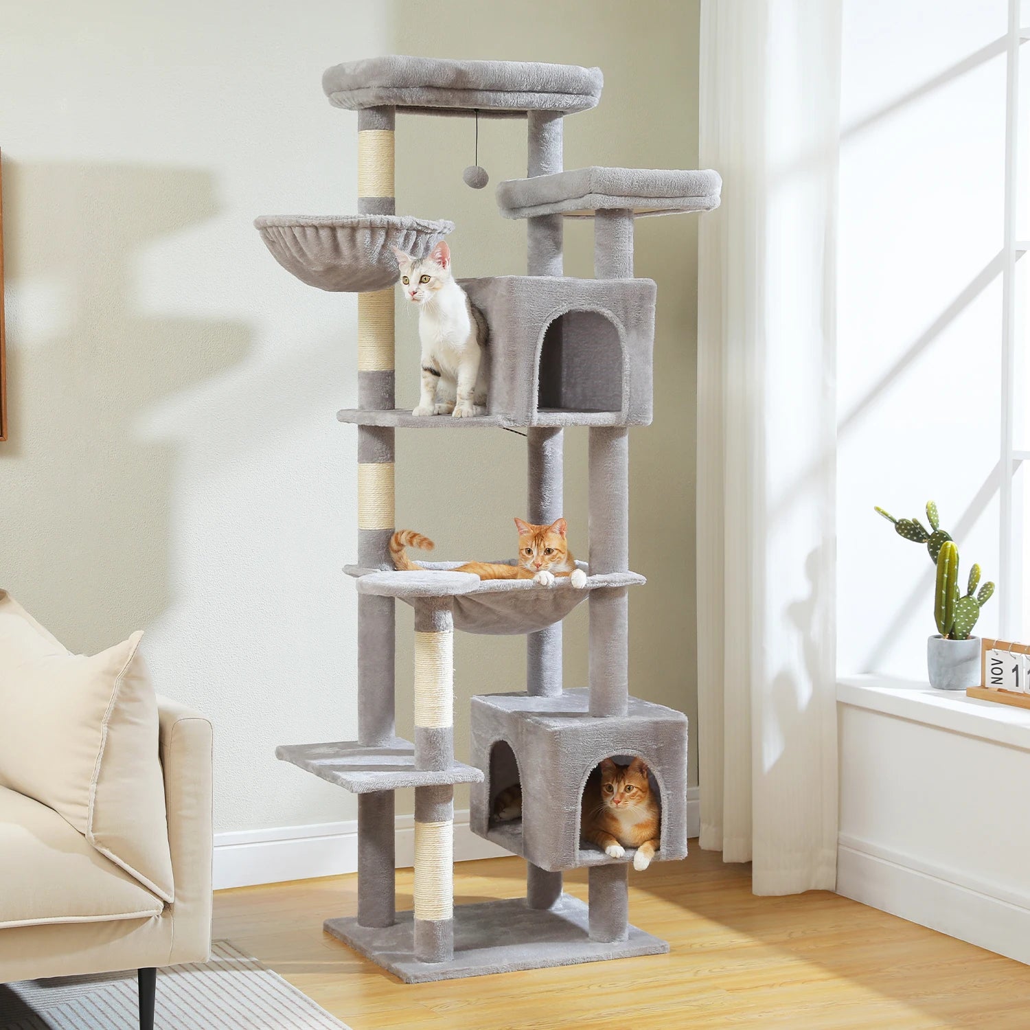 70.9" Multi-Level Cat Tree Tower with Scratching Posts, Hammock & Condos
