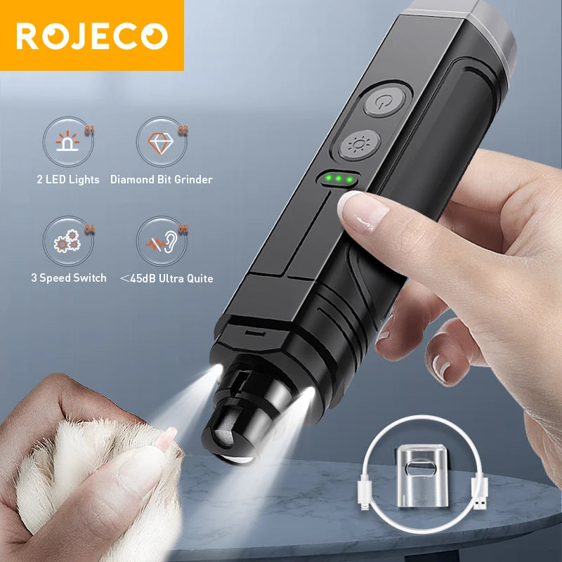 Electric Pet Nail Grinder with LED Light – Rechargeable, Ultra-Quiet for Dogs & Cats