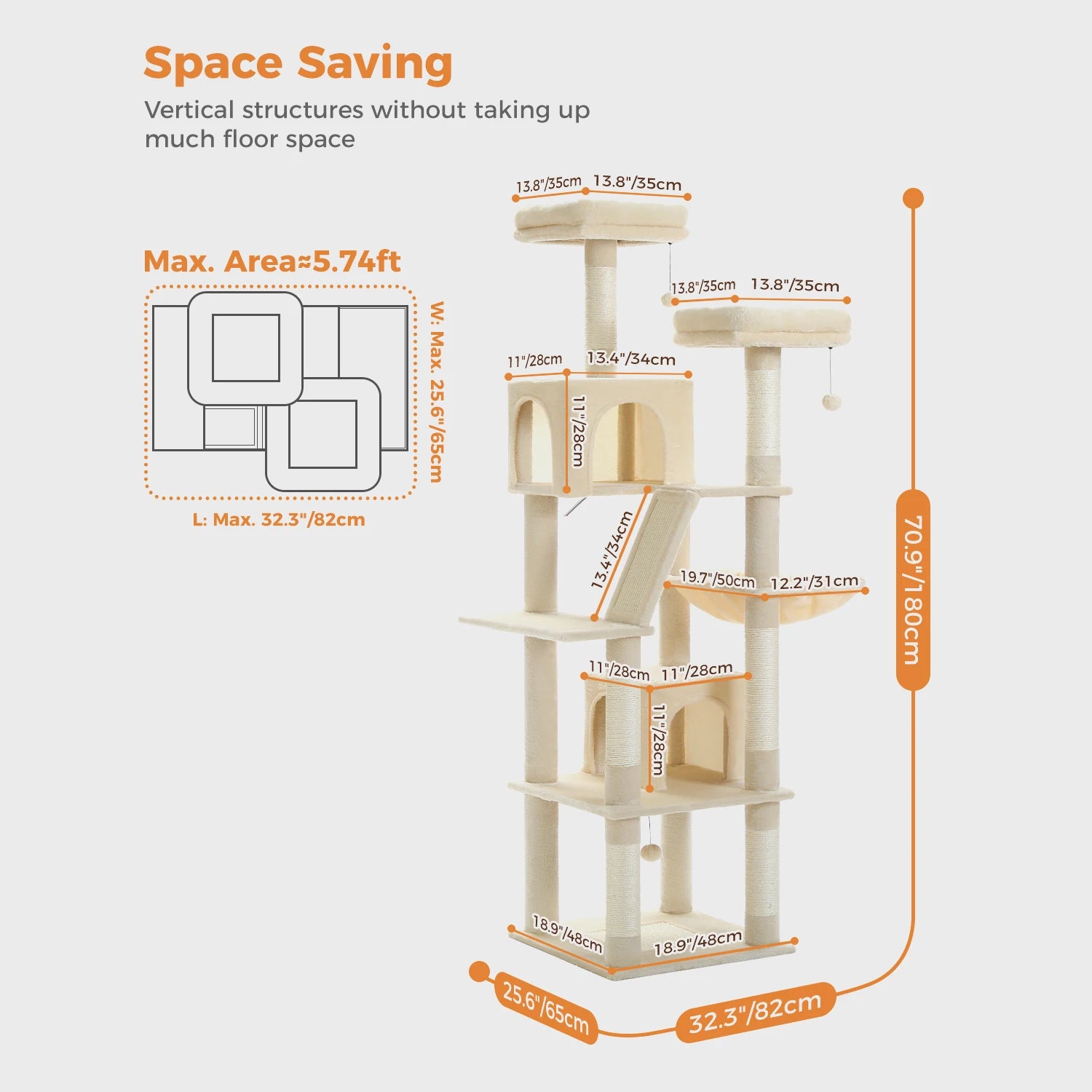 70.9" Multi-Level Cat Tree Tower with Scratching Posts, Hammock & Condos