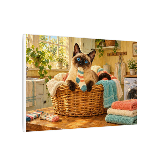 The Laundry Supervisor Cat Canvas Art, Funny Siamese Cat Missing Sock Decor, Cottage Laundry Room Matte Canvas Print