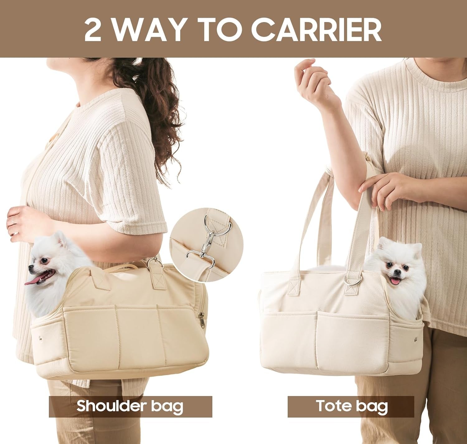 Dog Purse Carrier for Small Dogs & Puppies, Soft Cotton Sided Folding Dog Carriers for Small Dogs Medium Cats up to 15 Lbs, Washable Breathable Puppy Carrier for Outdoor Travel (Large Beige)