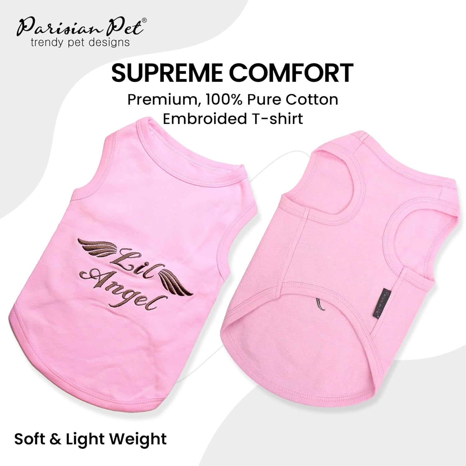 Pink “Lil Angel” Dog T-Shirt – Embroidered Cotton Sleeveless Shirt for Small Dogs
