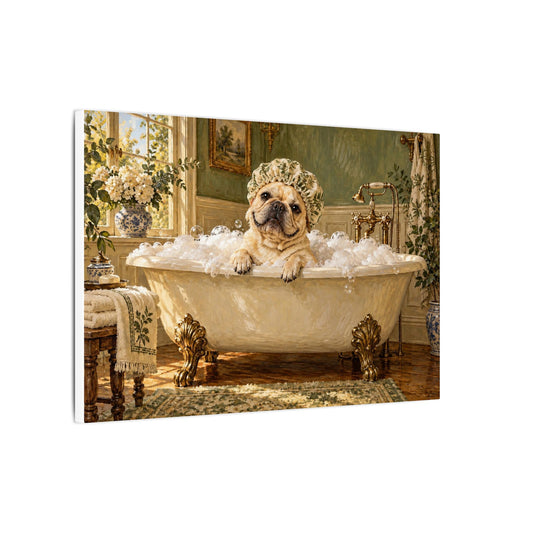 French Bulldog in Bubble Bath Canvas Art, Funny Frenchie Shower Cap Bathroom Wall Decor, Luxury Clawfoot Tub Matte Canvas Print