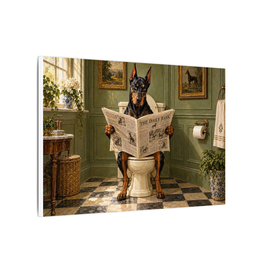 Doberman Reading Newspaper on Toilet Canvas Art, Funny Dog Bathroom Wall Decor, The Daily Bark Matte Canvas Print