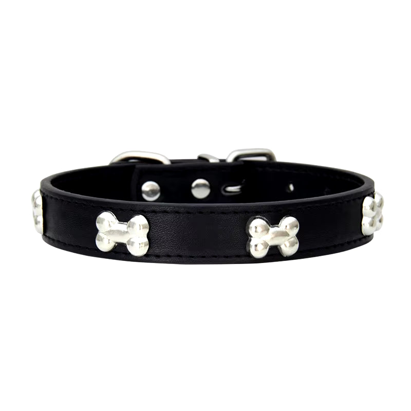 Bone Charm Leather Dog Collar – Cute Adjustable Pet Collar