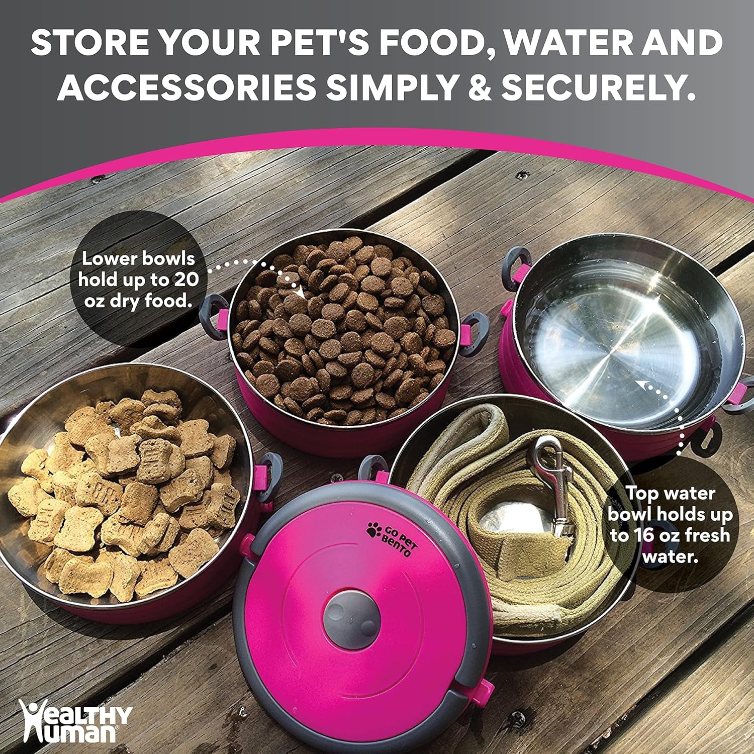 Travel Pet Bento Bowls - Human-Grade Stainless Steel & Bpa-Free, Leak-Proof Water & Food Container Set for Dogs & Cats, 4-Pack Interlocking Bowls, Includes Spare Clips & Handle (Pink)