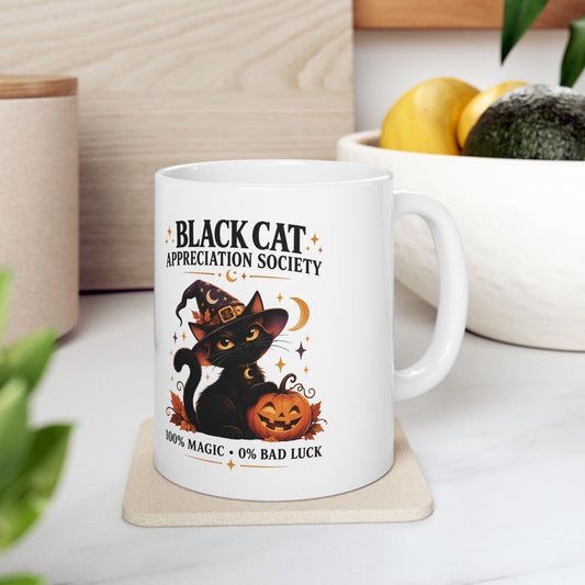 Black Cat Appreciation Society Ceramic Coffee Mug (11oz, 15oz) | Spooky Season Halloween Mug