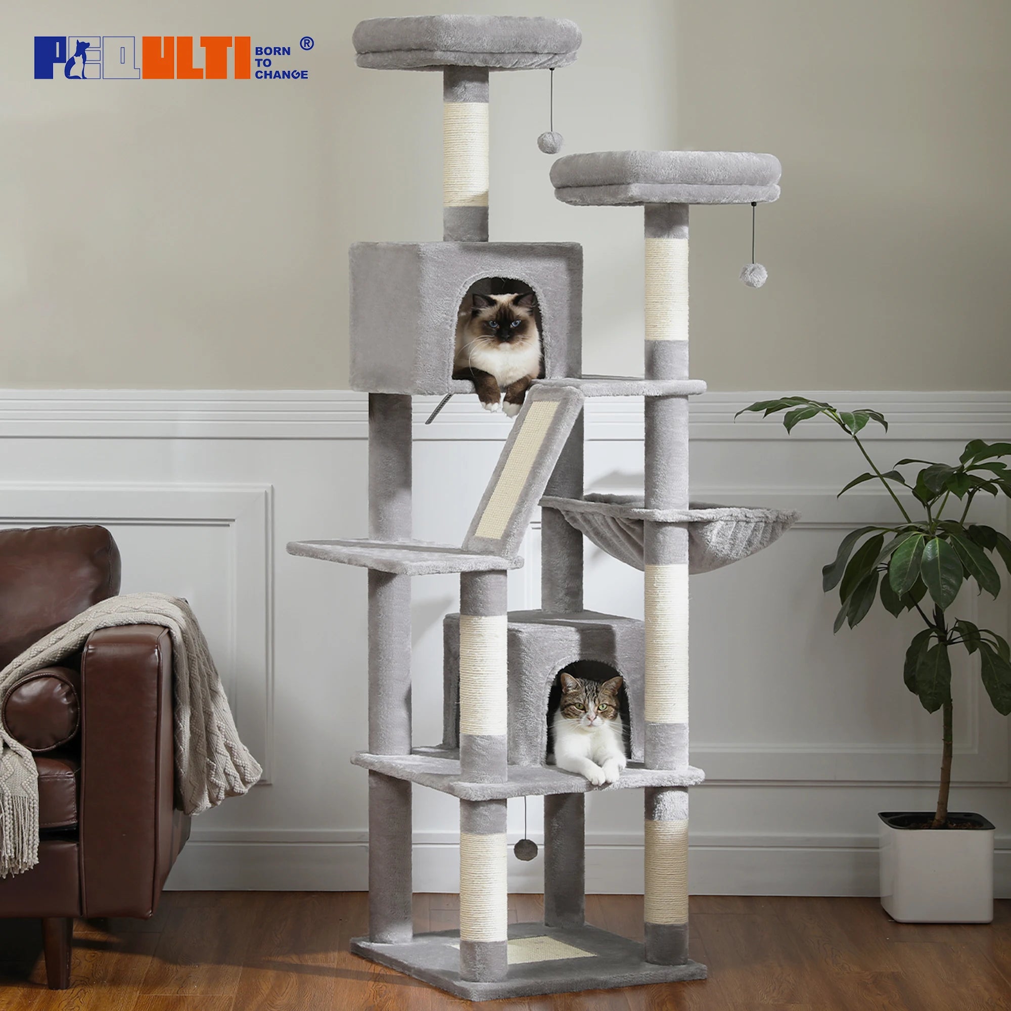70.9" Multi-Level Cat Tree Tower with Scratching Posts, Hammock & Condos