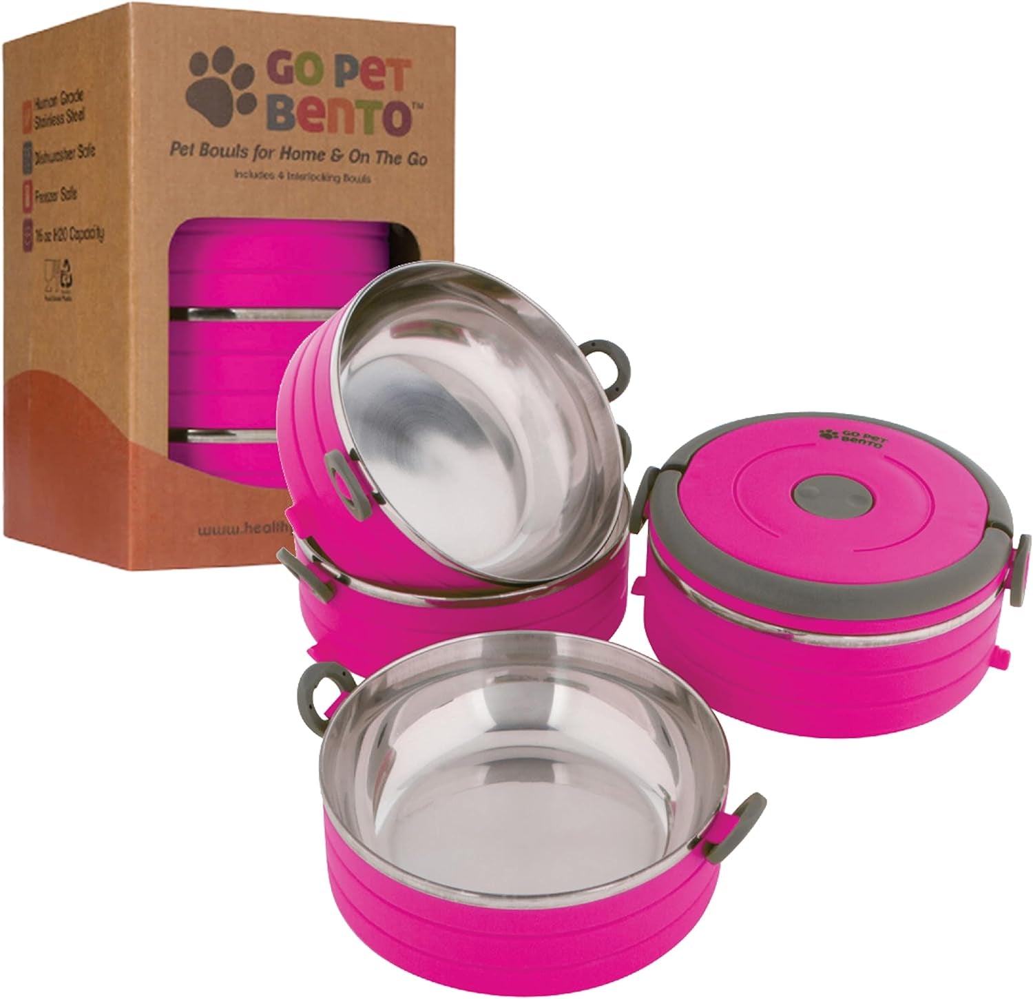 Travel Pet Bento Bowls - Human-Grade Stainless Steel & Bpa-Free, Leak-Proof Water & Food Container Set for Dogs & Cats, 4-Pack Interlocking Bowls, Includes Spare Clips & Handle (Pink)