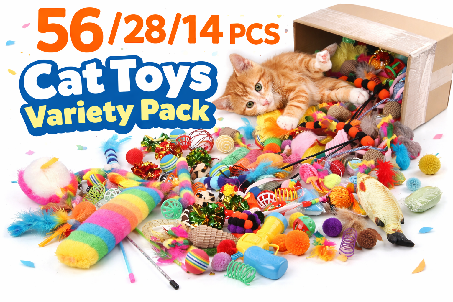 Cat Toys Variety Pack – 14 / 28 / 56 Piece Mixed Toy Set