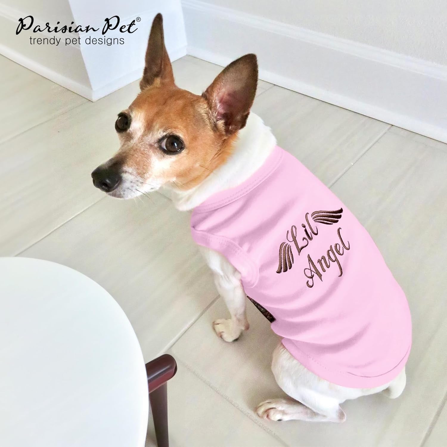 Pink “Lil Angel” Dog T-Shirt – Embroidered Cotton Sleeveless Shirt for Small Dogs