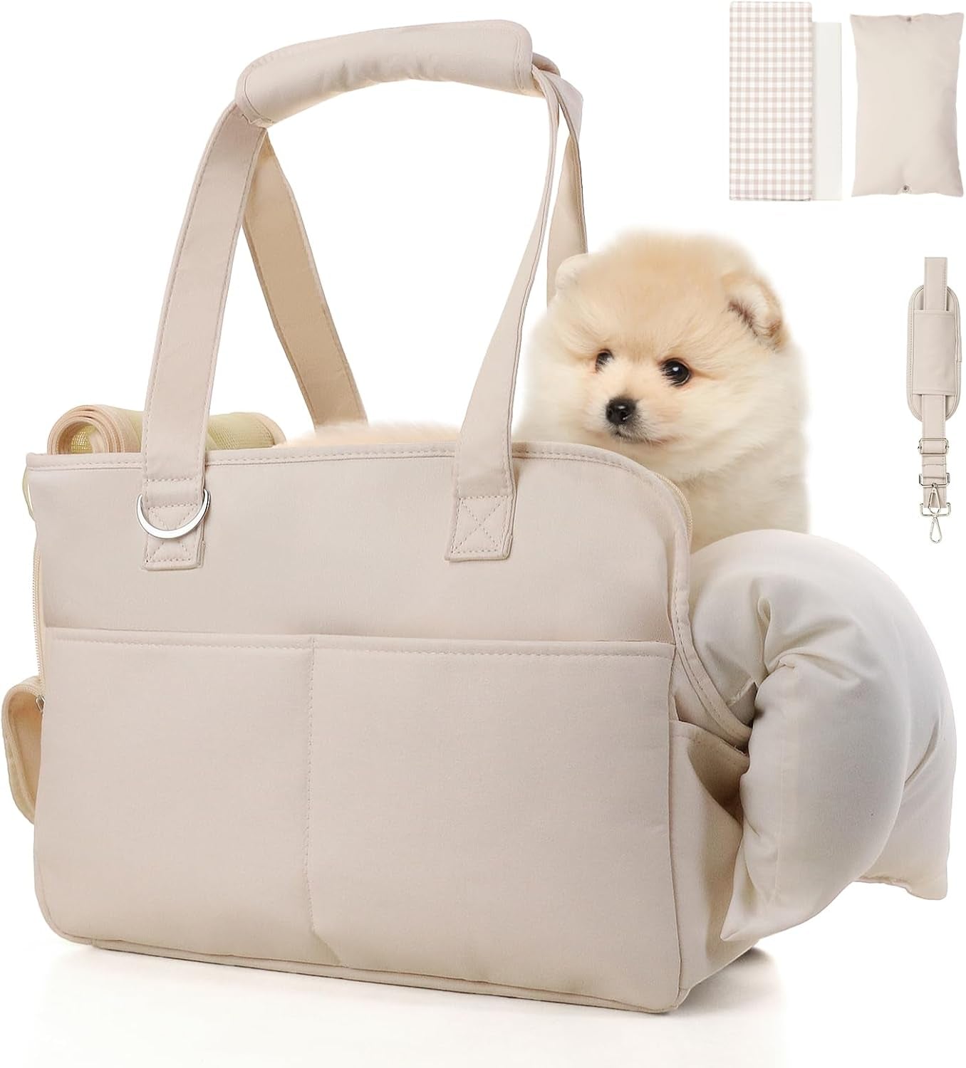 Dog Purse Carrier for Small Dogs & Puppies, Soft Cotton Sided Folding Dog Carriers for Small Dogs Medium Cats up to 15 Lbs, Washable Breathable Puppy Carrier for Outdoor Travel (Large Beige)