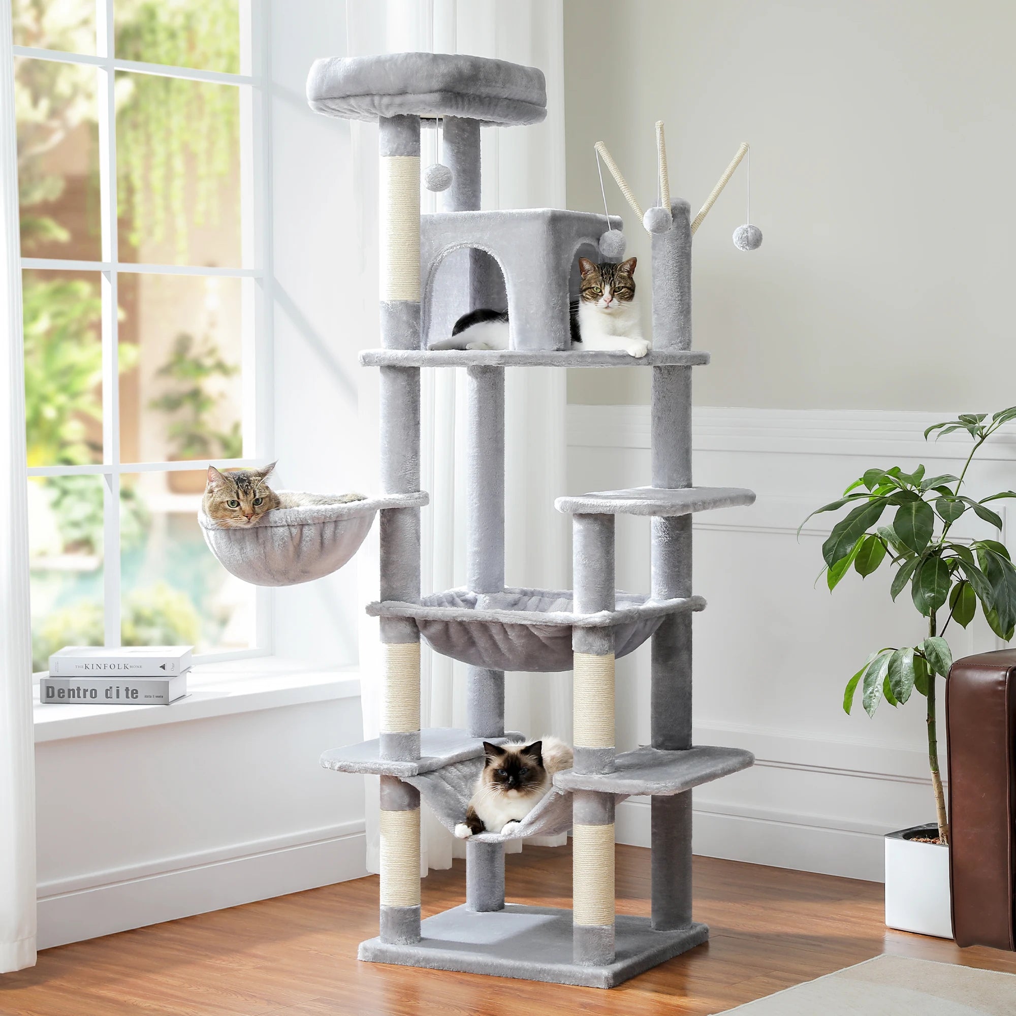 70.9" Multi-Level Cat Tree Tower with Scratching Posts, Hammock & Condos