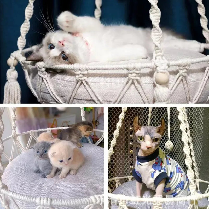 Handwoven Cotton Rope Cat Hammock – Hanging Swing Nest for Cats